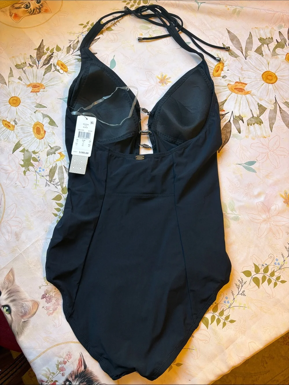 Classic Black Halter One-Piece Swimsuit with Front Lace Accent